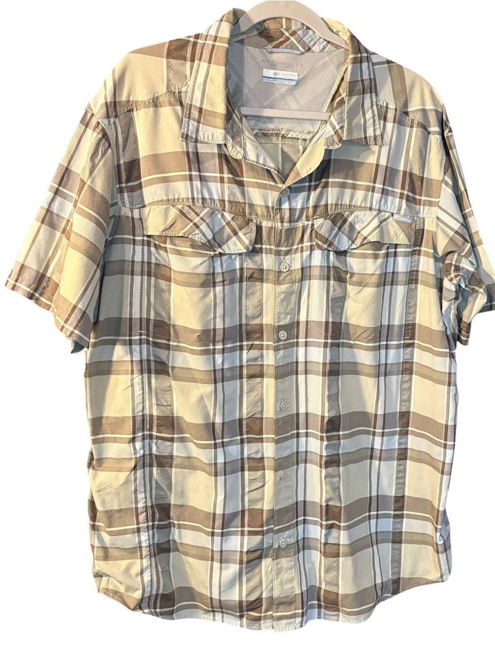 Columbia Brown and Cream Plaid Short-Sleeve Button-Down Shirt